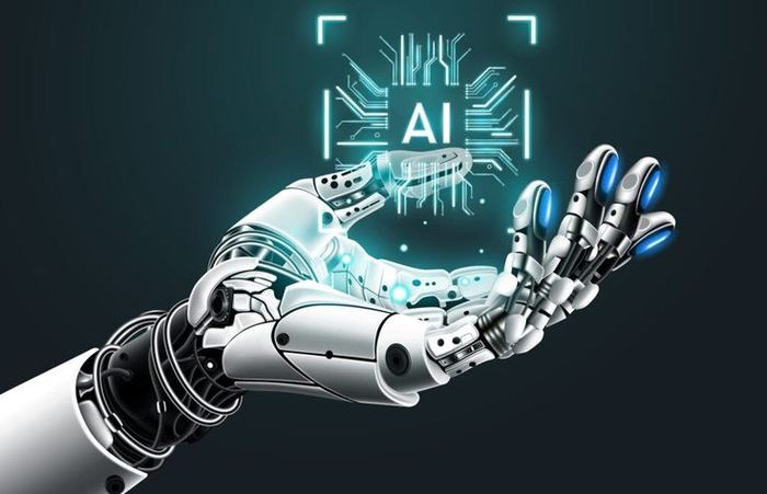 Robotic hand reaching toward a glowing AI chip icon