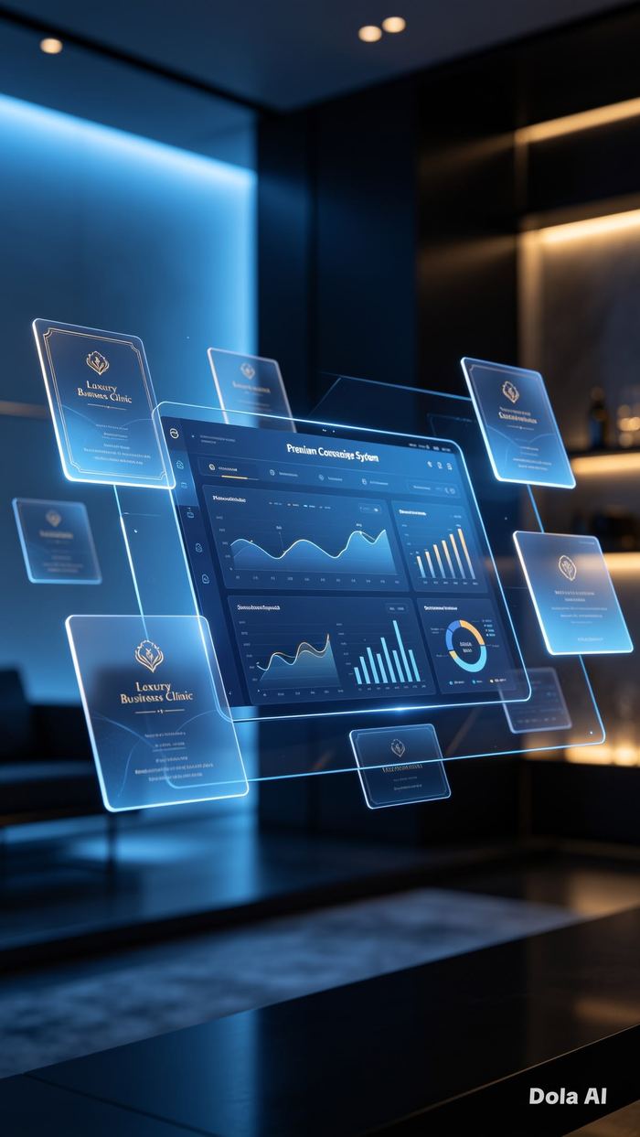 Futuristic transparent business dashboard with charts and reports
