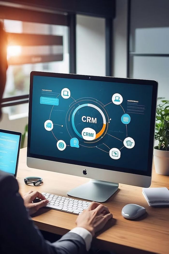 Desktop monitor showing a CRM system diagram
